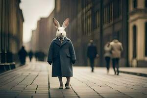 uma Coelho vestindo uma casaco e gravata em pé em uma rua. gerado por IA foto