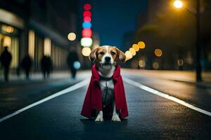 uma cachorro vestindo uma vermelho capa em a rua às noite. gerado por IA foto