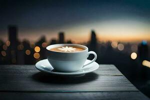 uma copo do café em uma de madeira mesa dentro frente do uma paisagem urbana. gerado por IA foto