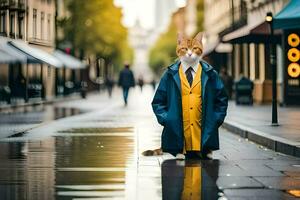 uma gato vestido dentro uma terno e gravata em pé em uma molhado rua. gerado por IA foto