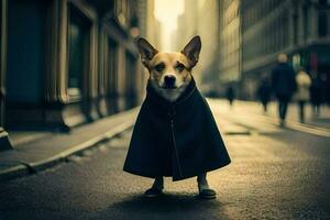uma cachorro vestindo uma capa em uma cidade rua. gerado por IA foto