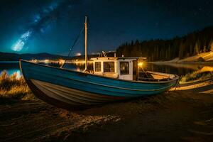 uma barco senta em a costa às noite. gerado por IA foto