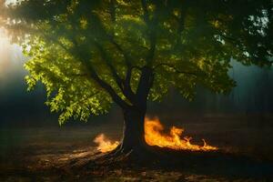 uma árvore com fogo e fumaça chegando a partir de isto. gerado por IA foto