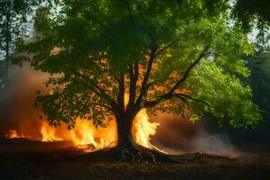 uma árvore é queimando dentro a floresta. gerado por IA foto