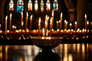 velas dentro uma Igreja com uma manchado vidro janela. gerado por IA foto