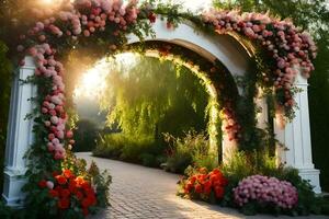 uma lindo arco com flores e vegetação. gerado por IA foto