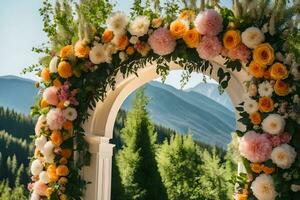 uma Casamento arco decorado com flores dentro a montanhas. gerado por IA foto