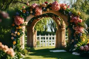 uma Casamento arco decorado com flores e vegetação. gerado por IA foto