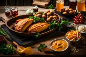 uma mesa com Comida e cerveja. gerado por IA foto