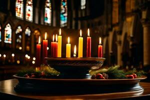 uma vela aceso dentro uma Igreja com velas em uma mesa. gerado por IA foto