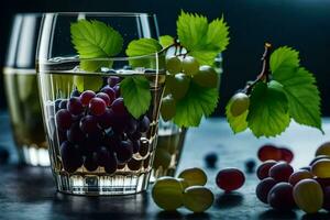 uvas e água dentro óculos em uma Sombrio mesa. gerado por IA foto