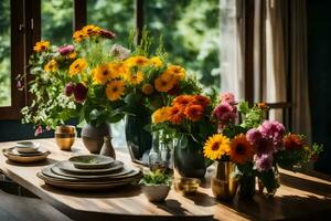 uma mesa com flores e pratos em isto. gerado por IA foto