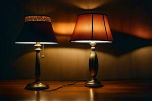 dois lâmpadas em uma mesa dentro a escuro. gerado por IA foto