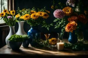 flores dentro vasos em uma mesa. gerado por IA foto