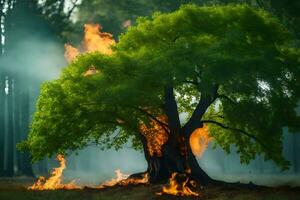uma árvore é queimando dentro a meio do uma floresta. gerado por IA foto
