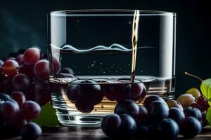 uma vidro do vinho com uvas em uma mesa. gerado por IA foto
