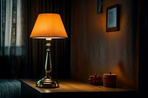 uma luminária em uma mesa dentro uma sala. gerado por IA foto