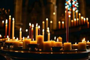 velas dentro uma igreja. gerado por IA foto