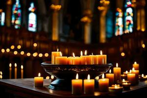 velas estão aceso dentro uma Igreja com manchado vidro janelas. gerado por IA foto