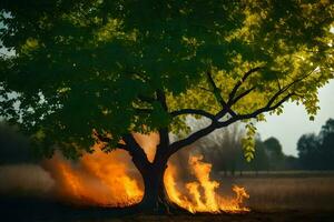 uma árvore é queimando dentro a campo. gerado por IA foto
