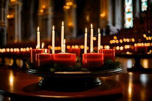 uma grupo do vermelho velas sentar em uma mesa dentro uma igreja. gerado por IA foto