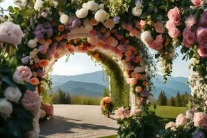 uma Casamento arco com flores dentro frente do montanhas. gerado por IA foto