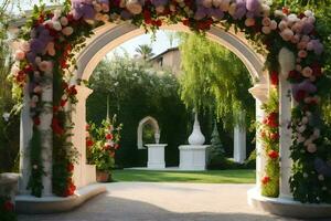 uma Casamento arco decorado com flores e vegetação. gerado por IA foto