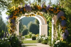 uma Casamento arco decorado com flores e vegetação. gerado por IA foto