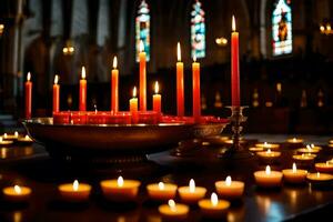 velas estão aceso dentro uma Igreja com velas dentro a fundo. gerado por IA foto