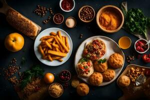 vários alimentos Incluindo francês fritas, pão, e de outros ingredientes. gerado por IA foto