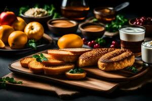 alimentos em uma de madeira borda com pão, maçãs e laranjas. gerado por IA foto