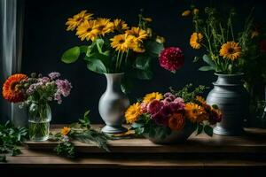 flores dentro vasos em uma mesa. gerado por IA foto