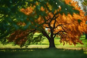 uma árvore com laranja folhas dentro a grama. gerado por IA foto