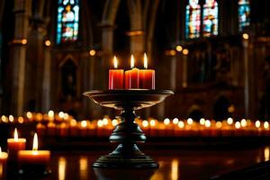 velas dentro uma Igreja com manchado vidro janelas. gerado por IA foto