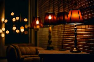 uma luminária é sentado em uma mesa dentro frente do uma tijolo muro. gerado por IA foto