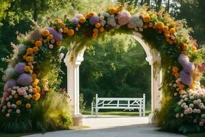 uma flor arco é decorado com flores gerado por IA foto