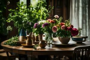 uma mesa com flores e vasos em isto. gerado por IA foto