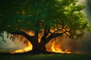 uma árvore com chamas chegando Fora do isto dentro a meio do a floresta. gerado por IA foto
