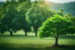 uma solteiro árvore dentro uma verde campo. gerado por IA foto