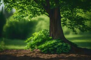 uma árvore com verde folhas e sujeira em a chão. gerado por IA foto