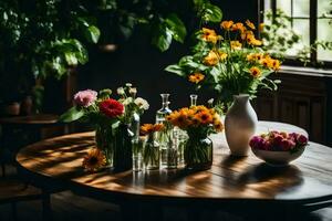 uma mesa com flores e vasos em isto. gerado por IA foto