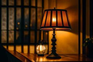 uma luminária em uma mesa dentro uma Sombrio sala. gerado por IA foto