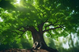 uma árvore com verde folhas e luz solar brilhando através isto. gerado por IA foto