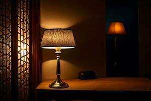 uma luminária é em uma mesa dentro frente do uma janela. gerado por IA foto