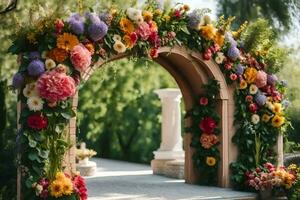 uma colorida arco decorado com flores gerado por IA foto