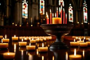 velas estão aceso dentro frente do uma igreja. gerado por IA foto