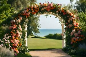 uma Casamento arco com flores e uma Visão do a oceano. gerado por IA foto