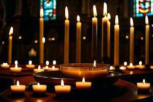 velas estão aceso dentro uma Igreja com velas. gerado por IA foto