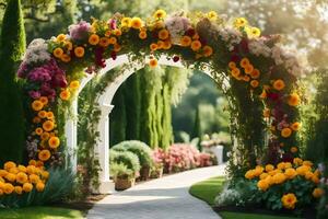 uma lindo arco com flores dentro a jardim. gerado por IA foto