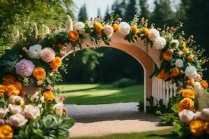 uma Casamento arco decorado com flores e vegetação. gerado por IA foto